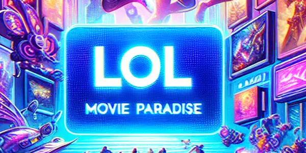 A vibrant digital illustration of a futuristic movie platform featuring League of Legends themes, diverse users, and a stylized cityscape.