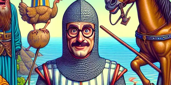 A whimsical medieval landscape featuring quirky characters, a flying cow, and humorous absurdities inspired by Monty Python.