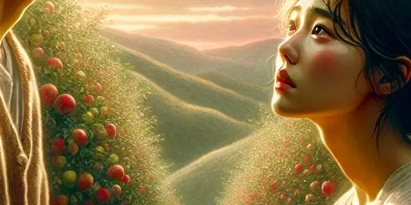 A young couple in an apple orchard, expressing longing and tension amidst vibrant apples and a serene sunset.