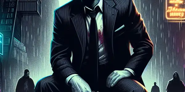 A brooding hero in a black suit stands in a gritty urban alley, surrounded by chaos and looming shadows.