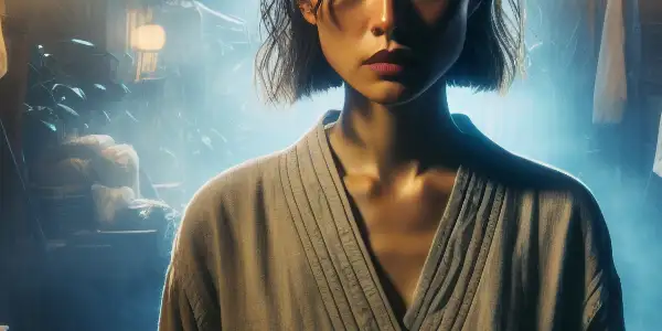 A resilient massage therapist in a dimly lit urban alley, facing poverty and moral dilemmas, with an apple symbolizing temptation.