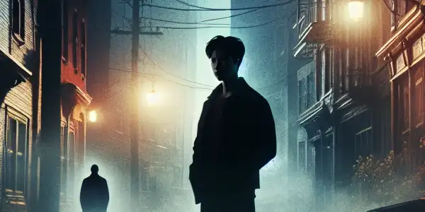 A young man stands alone on a deserted street, shrouded in mystery and shadows, reflecting on his troubled past.