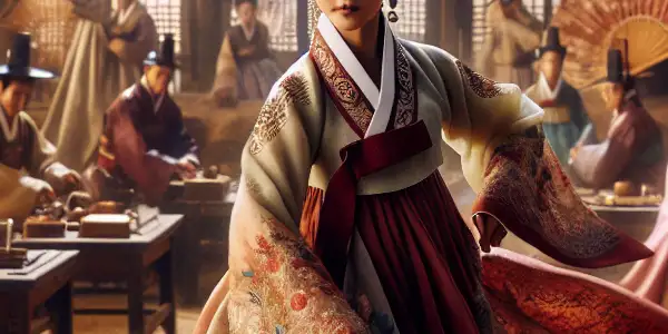 Hwang Jin Yi performing a traditional dance in a vibrant 16th-century Korean marketplace, surrounded by captivated spectators.