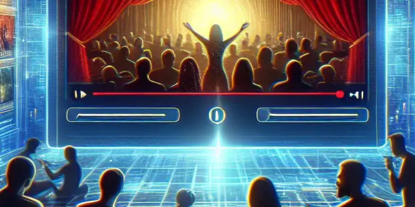 A futuristic online movie platform interface showcasing popular films, a cozy living room, and a diverse audience enjoying cinema.