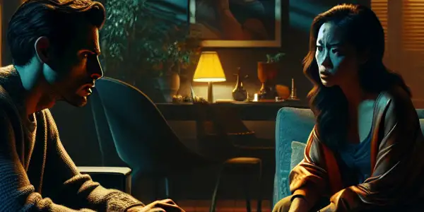 A couple argues in a dimly lit living room, revealing tension and heartbreak amid family portraits and spilled wine.