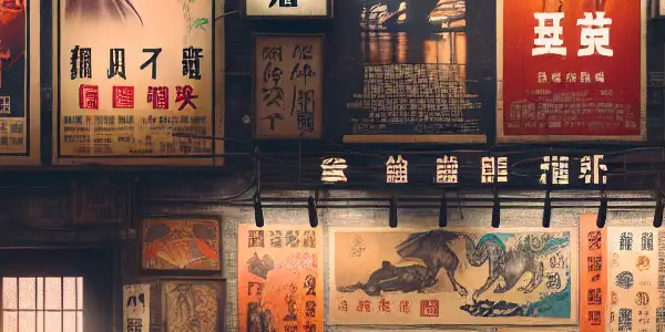 A vintage cinema showcasing 1990s Chinese adult film posters, blending cultural motifs with modern urban nightlife.