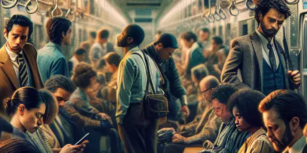 A crowded urban train interior during rush hour, showcasing diverse commuters amid tension and subtle desires.