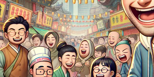 A lively Northeast Chinese street market scene with a smiling character and friends enjoying traditional snacks and humor.