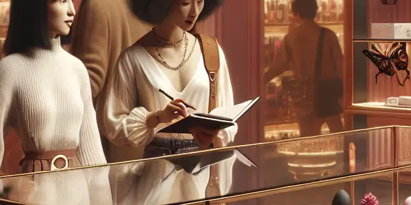 A vibrant adult novelty store filled with colorful toys and lingerie, featuring curious customers in a cozy atmosphere.