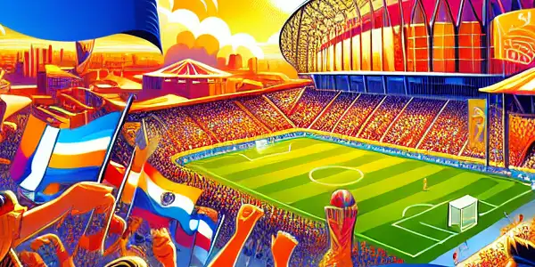 A lively celebration of soccer fans with jerseys and flags, promoting 2026 World Cup discounts against a festive stadium backdrop.