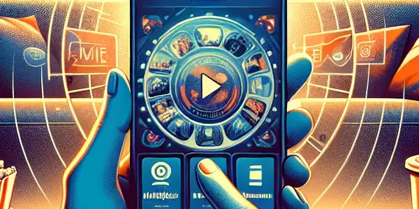 A smartphone displaying the "乐播电影" app in a cozy living room, complete with popcorn and a movie poster.