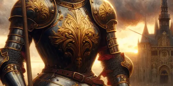 Joan of Arc in armor, holding a banner on a battlefield with dark clouds and medieval architecture.