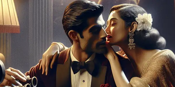 A romantic couple embraces in a luxurious, dimly lit room, evoking intimacy and allure.