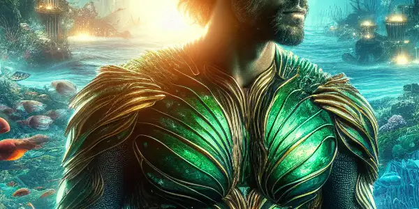 A heroic underwater character in ornate armor, surrounded by colorful coral reefs and mythical sea creatures in Atlantis.