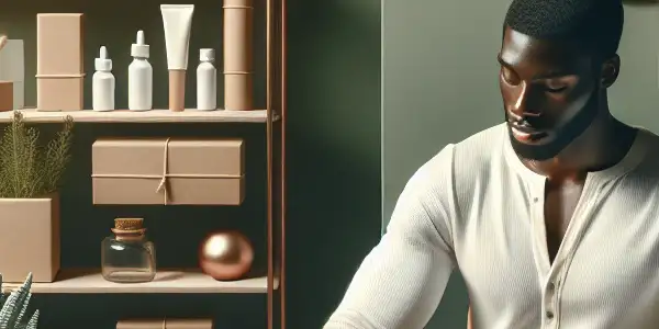 A serene workspace featuring a confident man exploring natural supplements for male vitality and wellness.