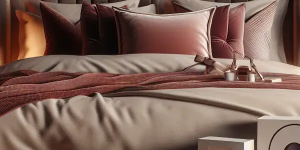 A cozy, intimate bedroom scene featuring a stylish bed, passion products, warm lighting, and romantic decor.