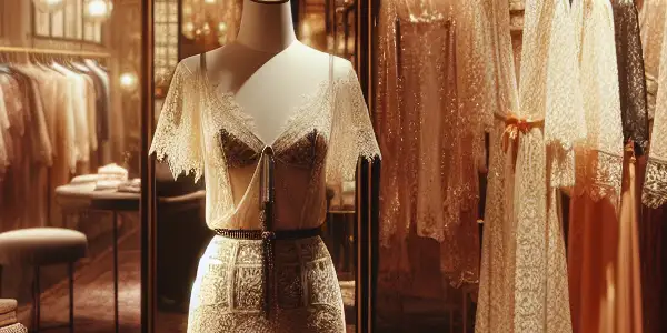 A luxurious adult lingerie boutique featuring elegant lace, silk garments, and intimate decor in a warm, inviting atmosphere.