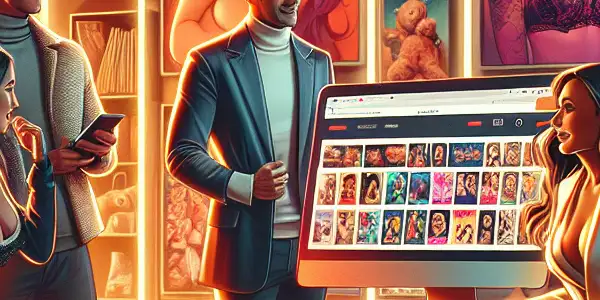 A modern office scene with diverse individuals discussing an online adult entertainment platform amid vibrant digital content.