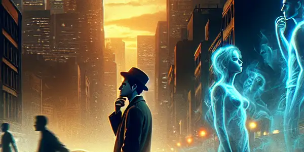 A contemplative figure at a crossroads in a twilight urban setting, embodying themes of desire and moral conflict.