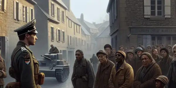 A somber French street scene in 1941, showcasing a conflicted German officer confronting resilient local residents amid war's tension.