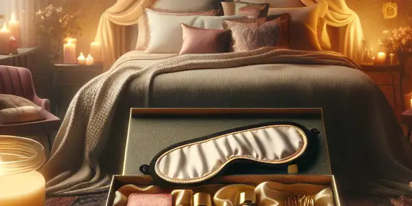 A romantic bedroom scene featuring an open gift box with luxurious items, candles, silk fabrics, and rose petals.