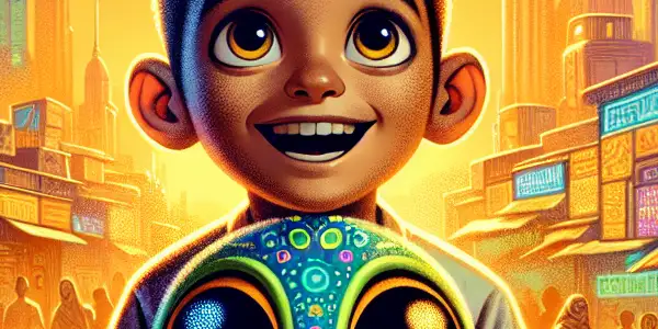 A hopeful young boy holds a playful alien toy in a lively urban setting at sunset.