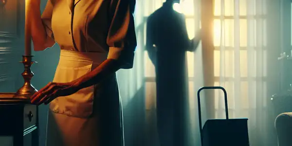 A weary single mother in a dim hotel room gazes at a shadowy guest, embodying longing and emotional depth.