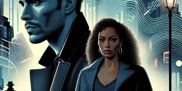 A tense urban scene at twilight featuring a conflicted man and a confident woman amidst shadows and neon lights.