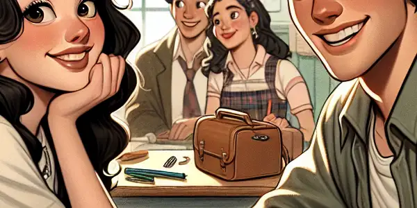 A nostalgic high school scene featuring a young couple sharing moments at a wooden desk, surrounded by classmates and school supplies.