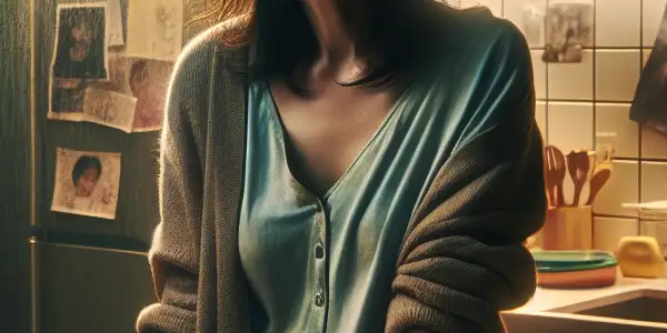 A weary housewife in a warm-lit kitchen, surrounded by reminders of her busy life, reflects despair and longing.