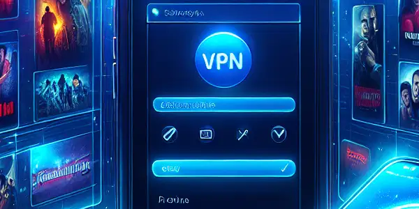 A modern online movie streaming platform interface showcasing various genres, featuring a smartphone, VPN icon, and cinematic elements.