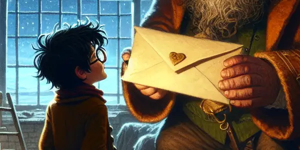 Harry Potter receives his Hogwarts acceptance letter from Hagrid in a cozy, magical hut during a storm.