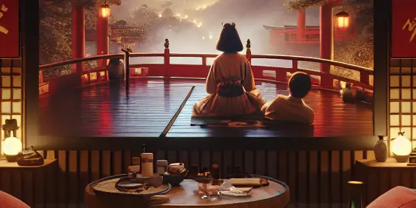 A cozy home theater scene featuring a renowned Japanese actress, complete with a plush sofa, film still, and cultural elements.