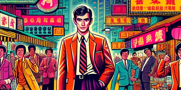 A lively 1970s-1980s Hong Kong street scene featuring Xu Guanzhen and diverse characters, capturing humor and camaraderie.