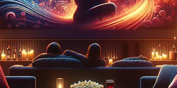 A cozy, dimly lit living room with a large screen displaying abstract imagery, suggesting romance and intimacy.