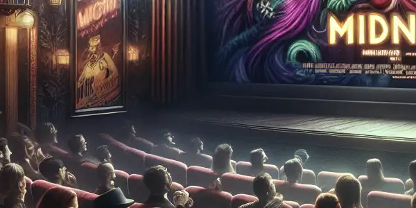 A cozy midnight theater filled with diverse moviegoers, showcasing a surreal film poster and vintage decor.