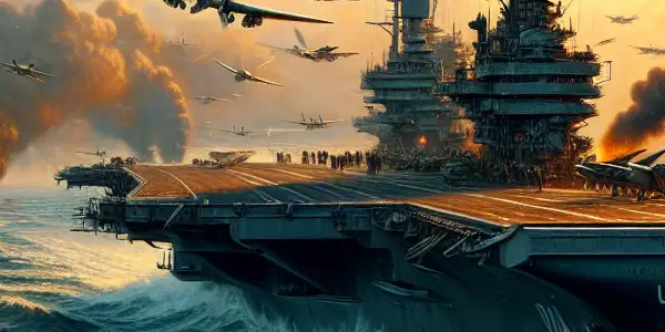 Aerial dogfight between American and Japanese fighter planes over a busy U.S. Navy aircraft carrier in a turbulent ocean.