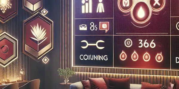 A luxurious lounge with adults enjoying digital adult content and a rewards system interface.