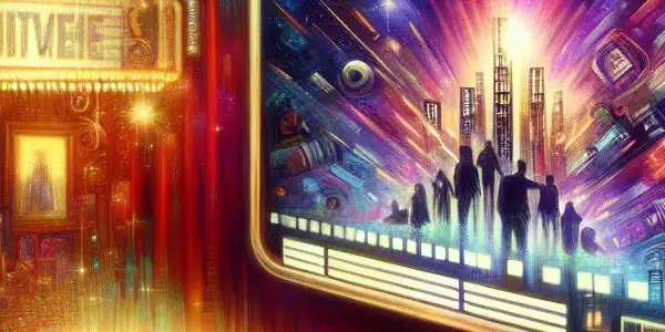 A vibrant digital interface displaying diverse movie thumbnails in a cozy, dimly-lit home theater setting.