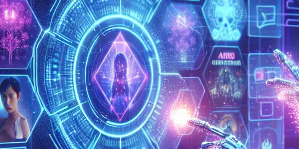 A futuristic digital landscape featuring a person interacting with a holographic screen of movie thumbnails, emphasizing entertainment and privacy.