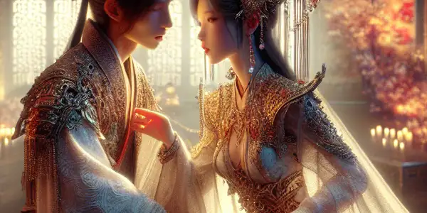 A passionate embrace between two characters in an opulent Asian palace, surrounded by ethereal light and rich colors.