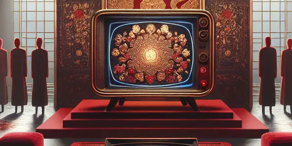 A mysterious room featuring a luxurious red envelope surrounded by vintage screens displaying adult-themed content.