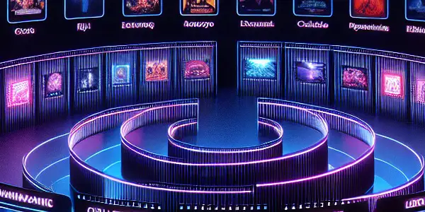 A modern digital interface for an adult entertainment hub featuring organized folders and vibrant icons in a neon-lit atmosphere.