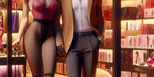 A modern adult novelty store featuring a diverse couple browsing colorful products in a warm, inviting atmosphere.