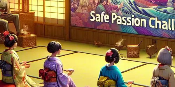 A vibrant Japanese room with elegantly dressed characters enjoying playful, safe role-playing activities in a cozy atmosphere.