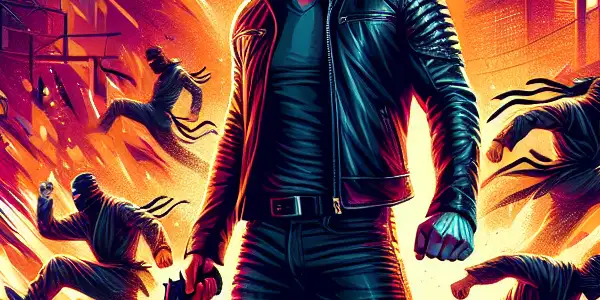 A muscular hero in a leather jacket poses confidently against a fiery cityscape, featuring ninjas, a sports car, and an explosion.