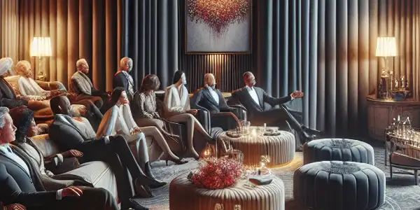 A sophisticated private viewing room with elegantly dressed adults enjoying abstract adult-themed art on a large screen.