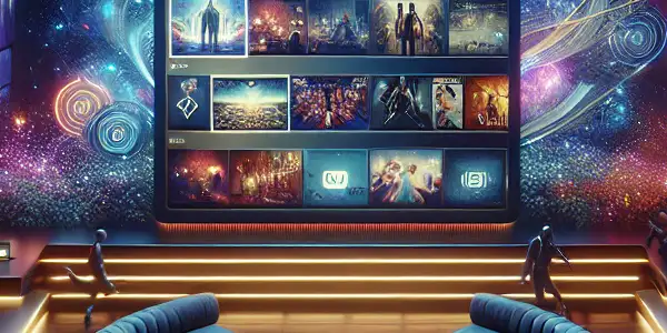 A modern digital interface showcasing adult video thumbnails in a luxurious, dimly lit room with plush seating.