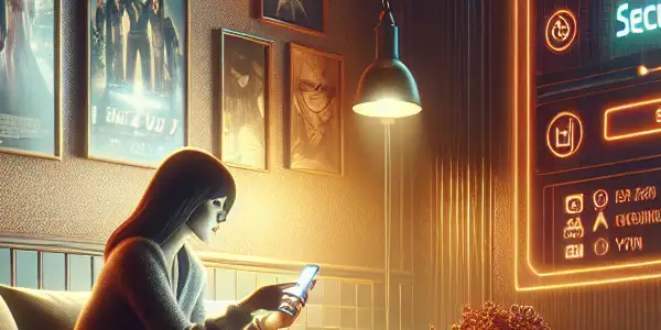 A cozy home setting featuring a person watching Japanese adult films on a large screen, symbolizing safe online entertainment.