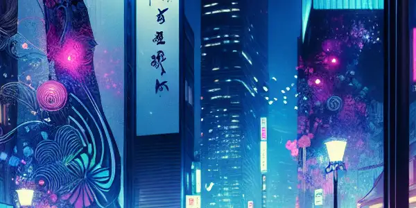 A mysterious figure in stylish attire stands under a glowing street lamp in a vibrant, neon-lit urban night scene.